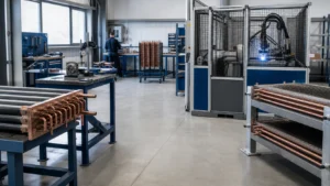 Custom refrigeration coil fabrication cell with a guarded welding station and inspection bench