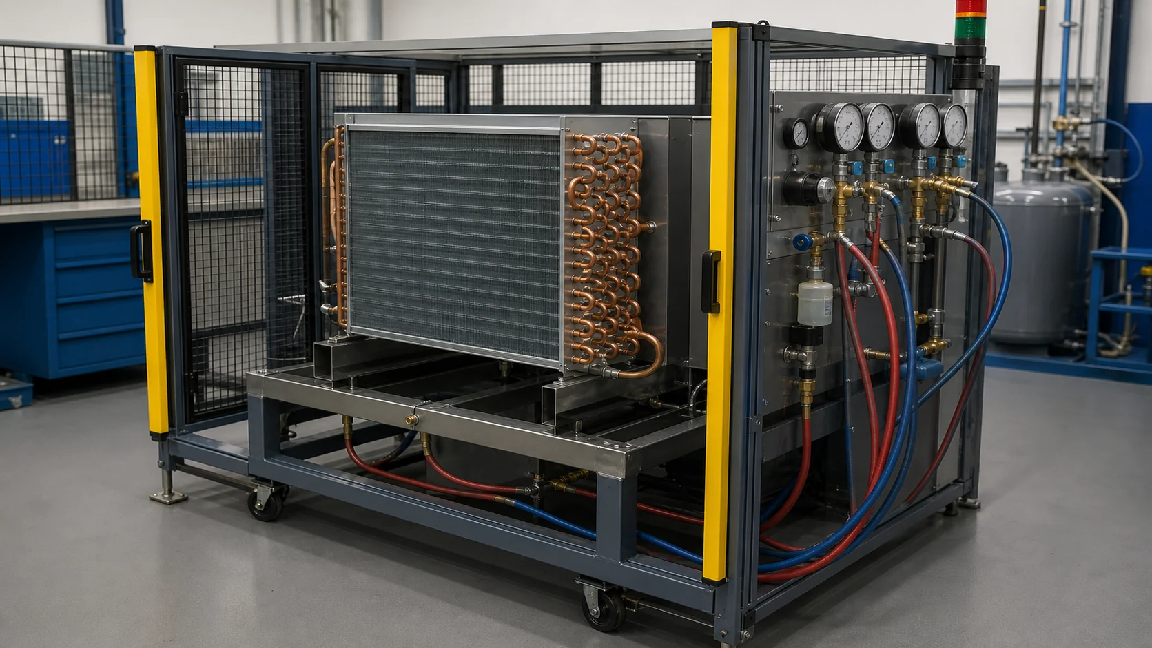 Guarded leak and pressure test bench holding a finished refrigeration coil