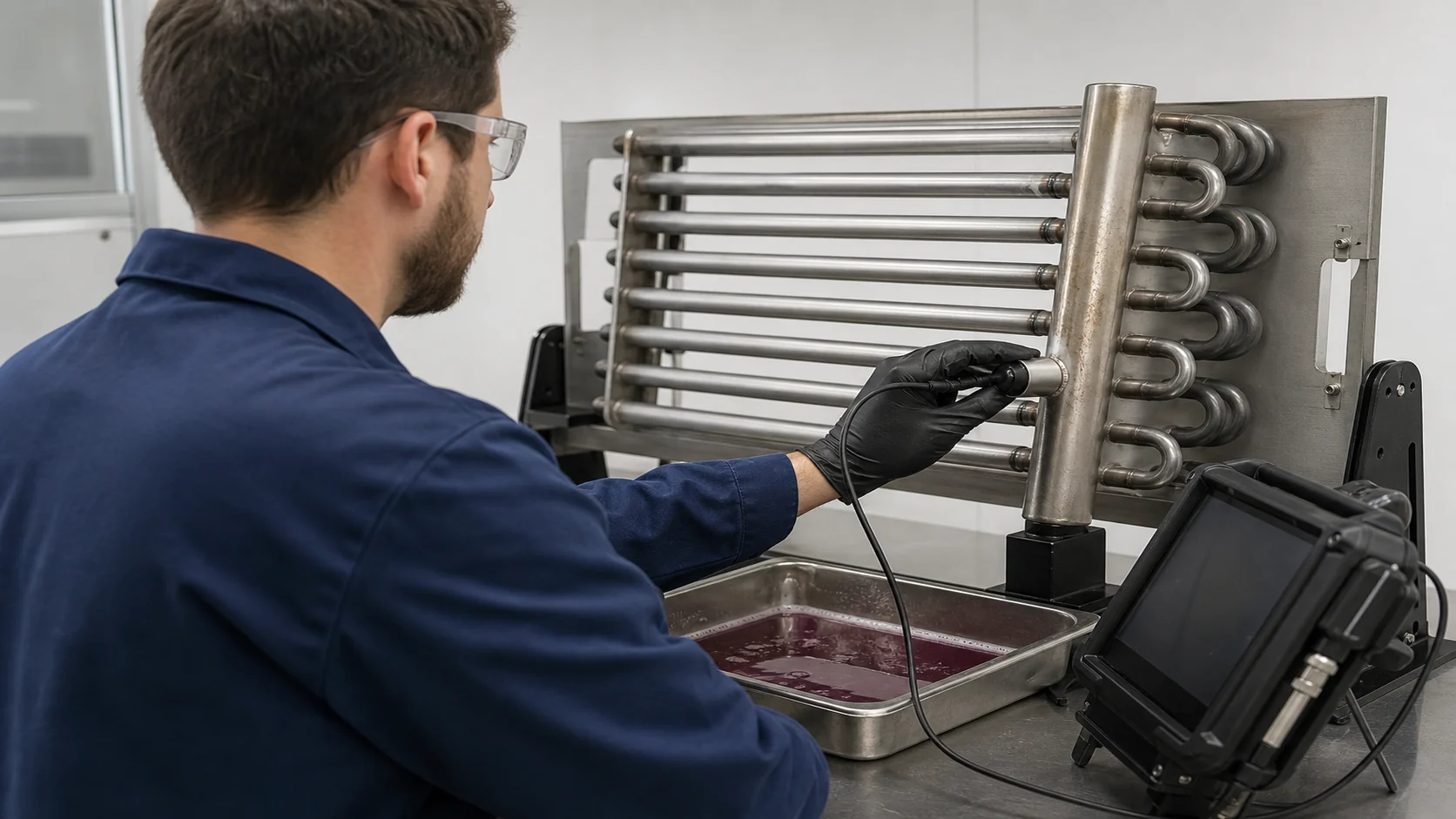 Non-destructive testing station examining a refrigeration coil header joint