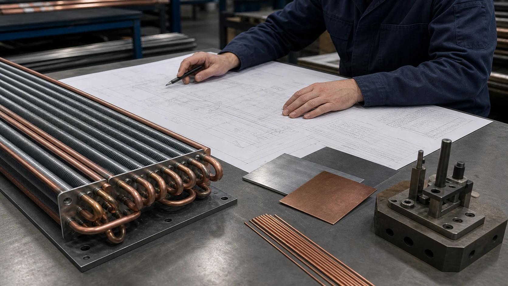 Engineer reviewing a coil drawing, process sheet and joining materials beside an assembly
