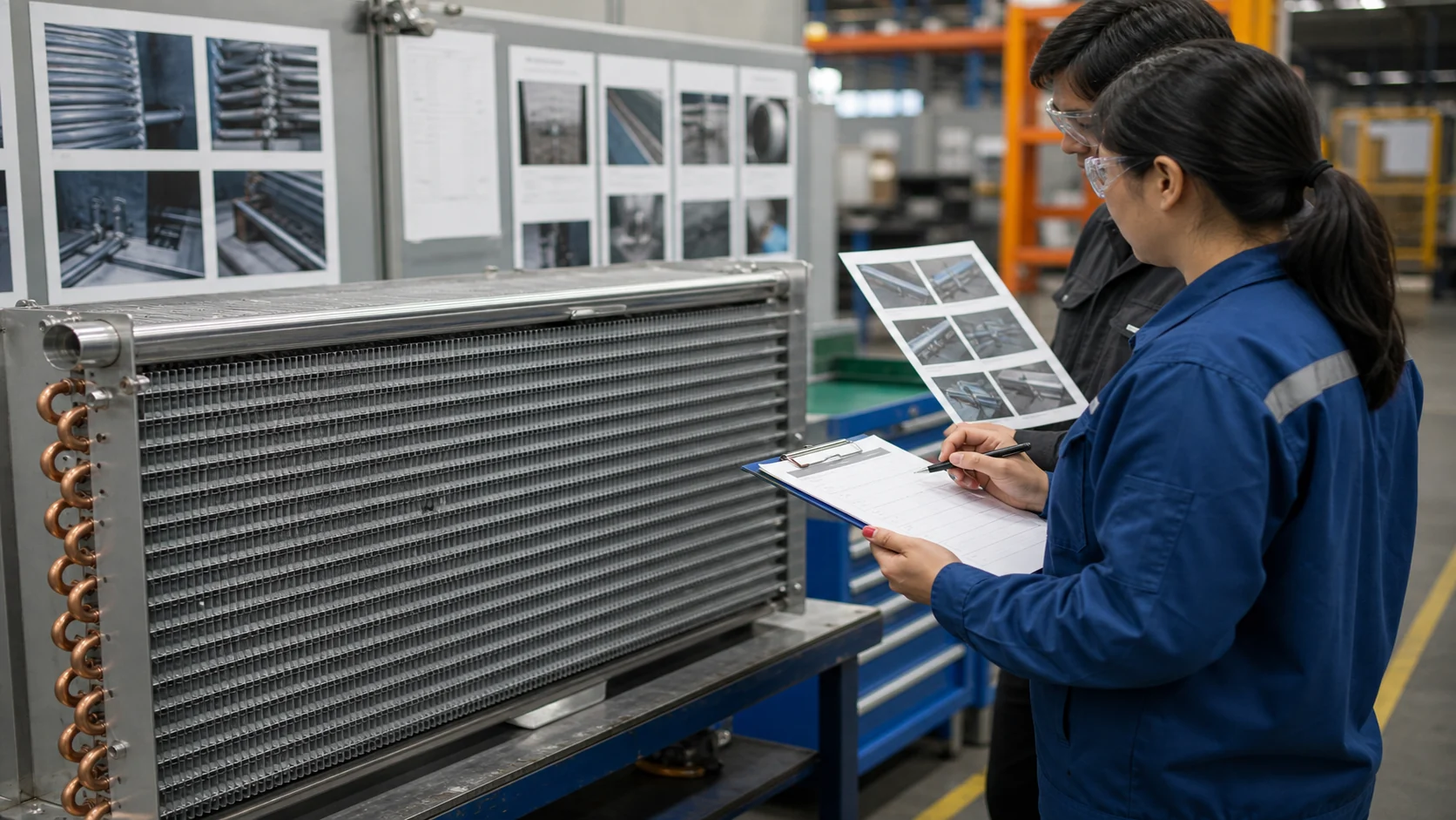 Engineering and quality staff reviewing a refrigeration coil at final release