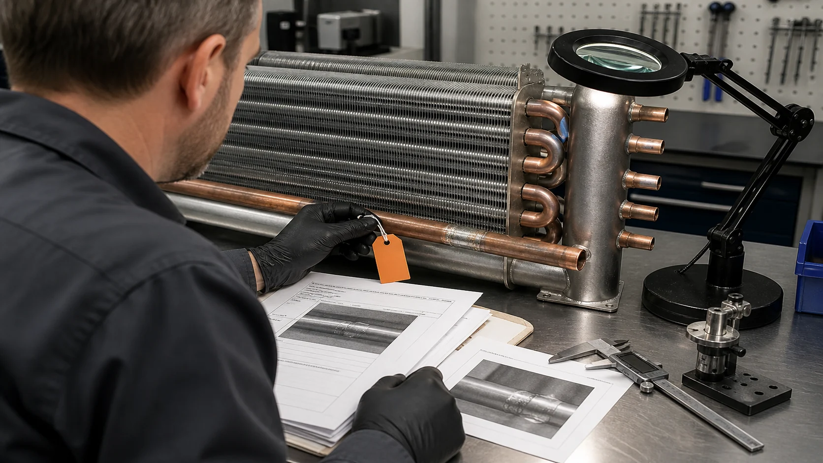 Engineer comparing a repaired refrigeration coil joint with its inspection record