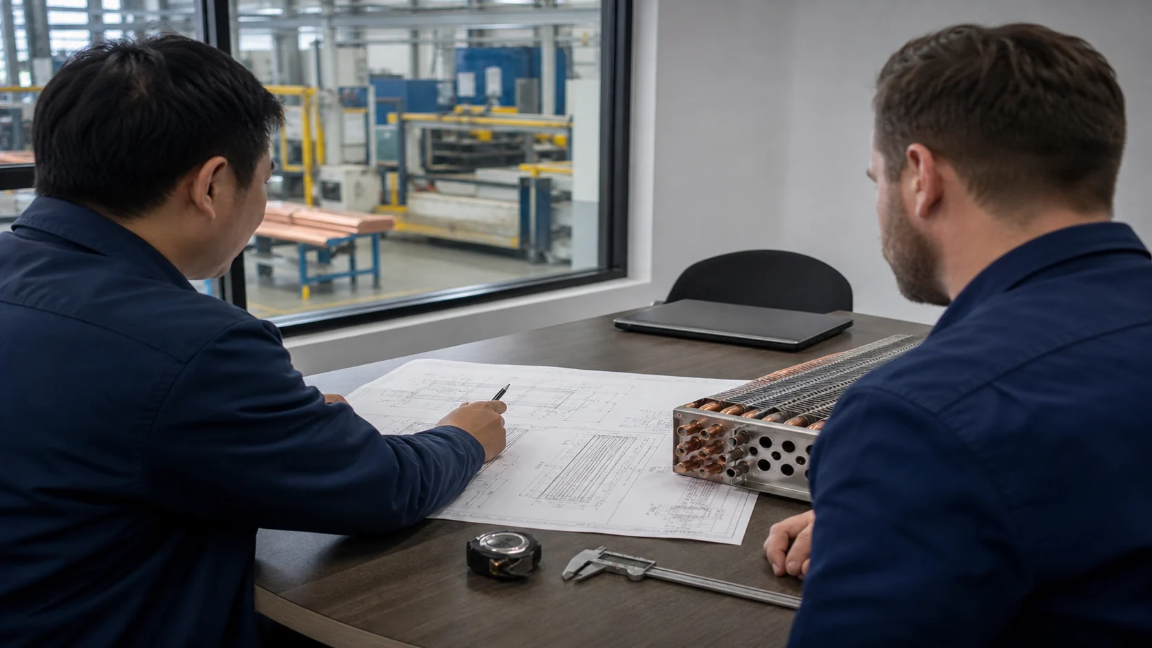OEM buyer and supplier engineer reviewing a refrigeration coil drawing and sample header