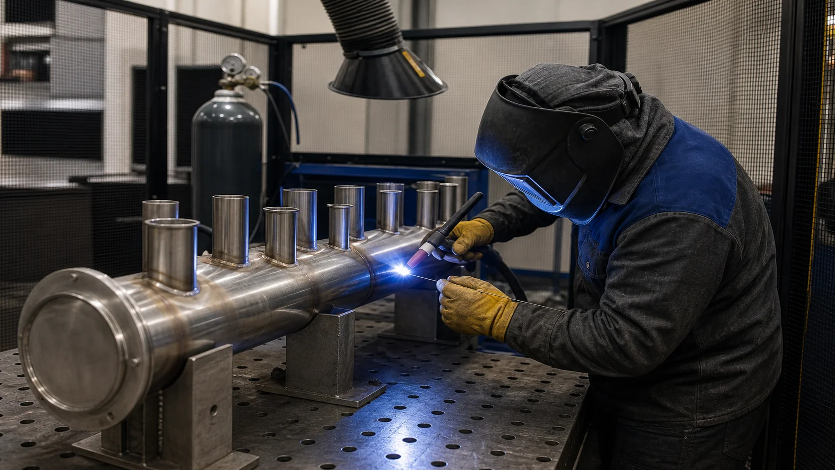 Controlled TIG welding of a stainless refrigeration coil header in a guarded cell