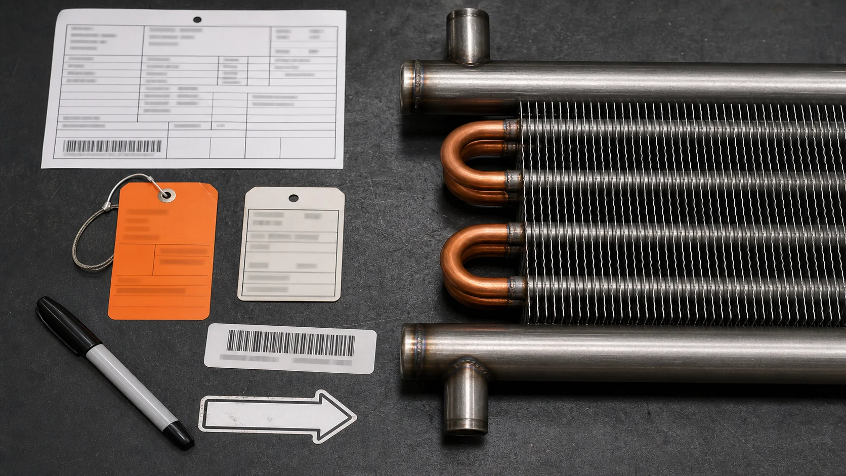 Refrigeration coil traveler, material tag, weld location marker and barcode beside a header