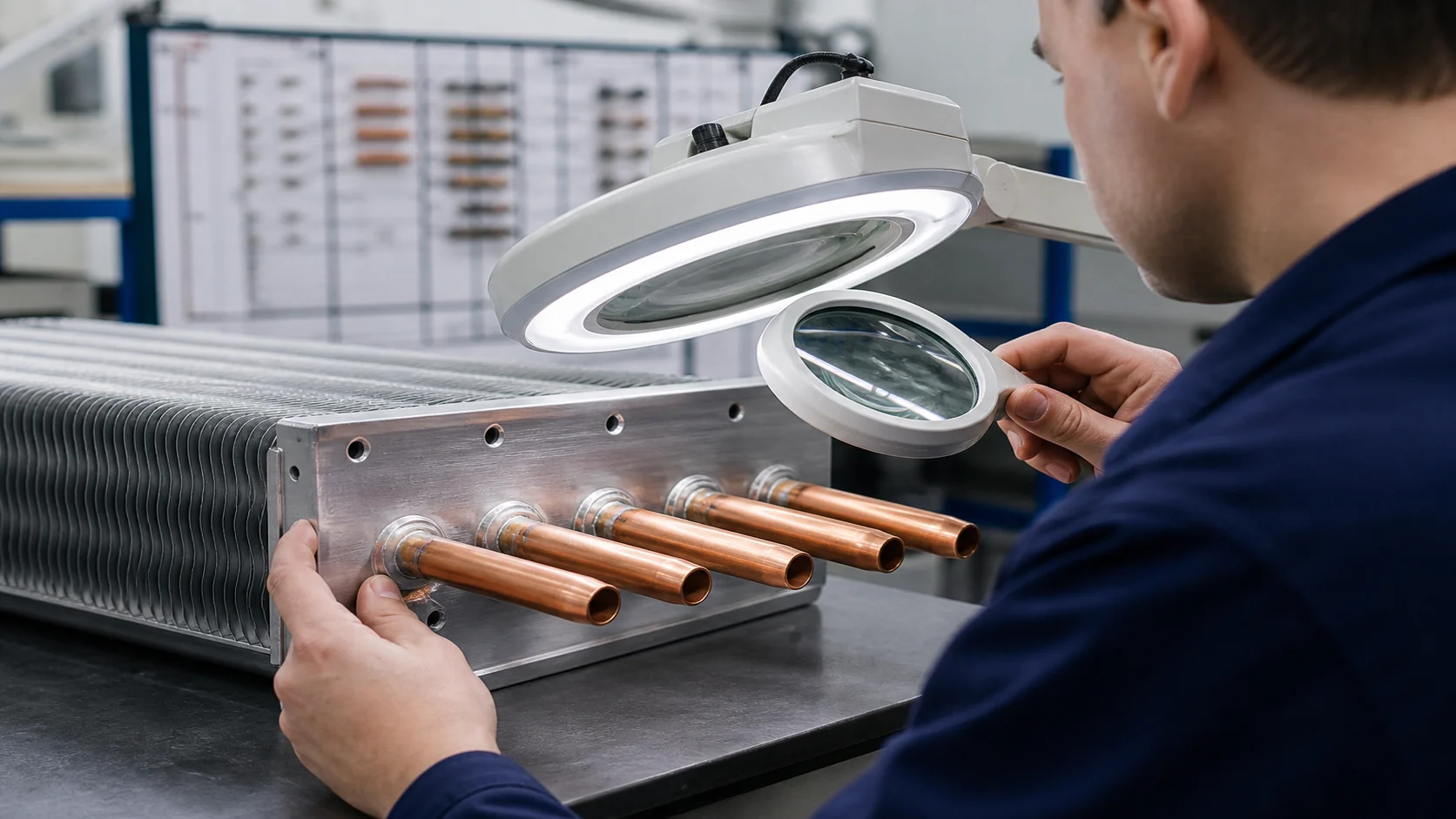 Quality technician inspecting a finished refrigeration coil joint with a lamp and magnifier