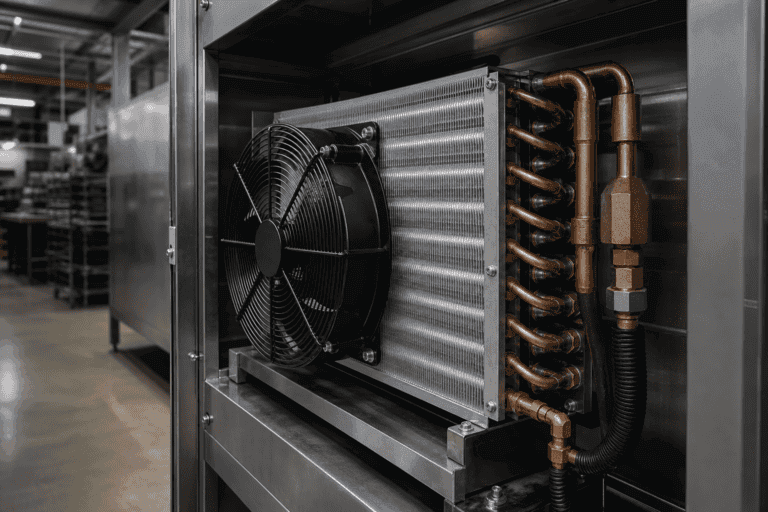 Industrial refrigeration system with cooling fan and copper pipes.