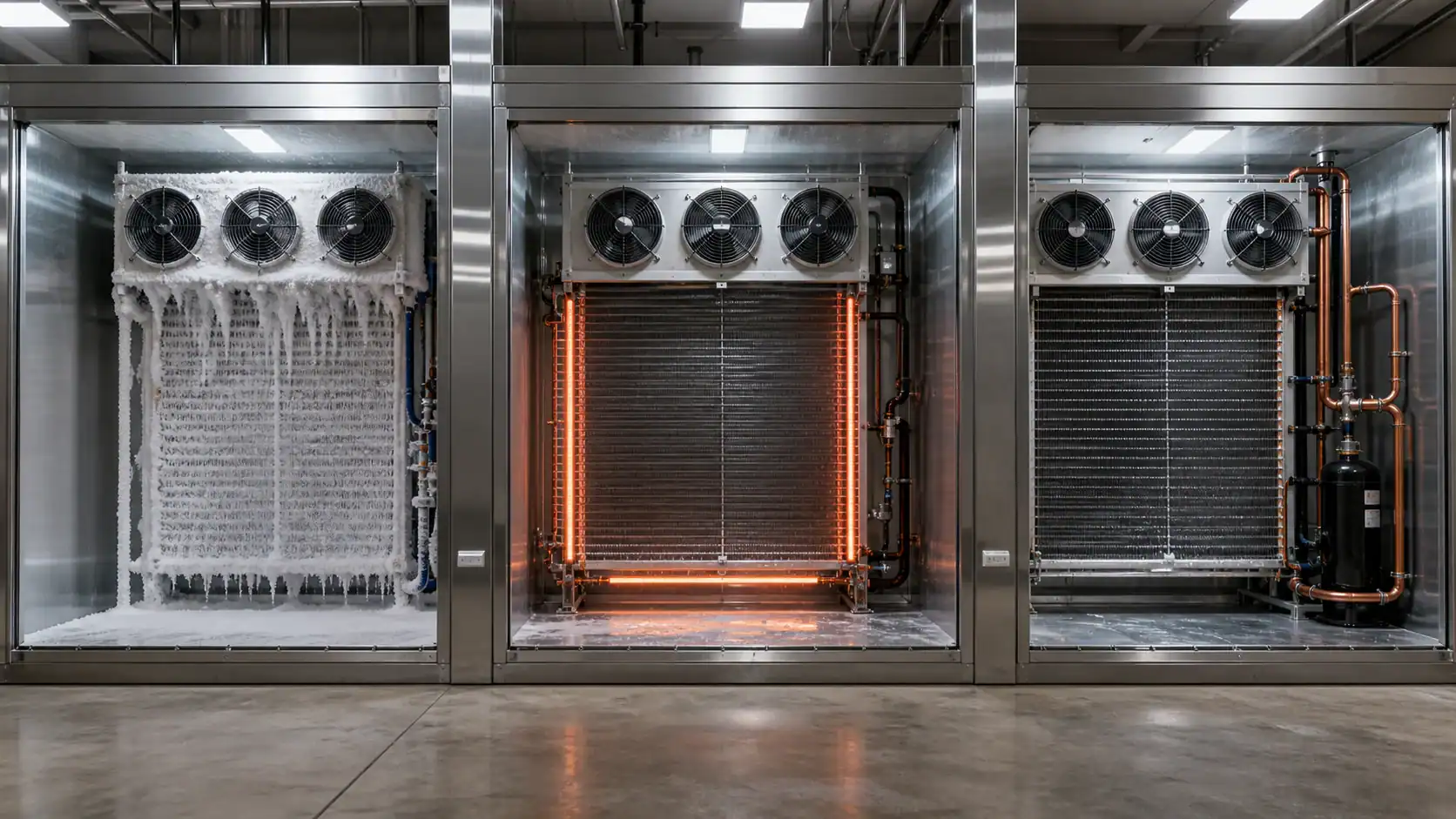 Three commercial refrigeration units with cooling systems and condensers.