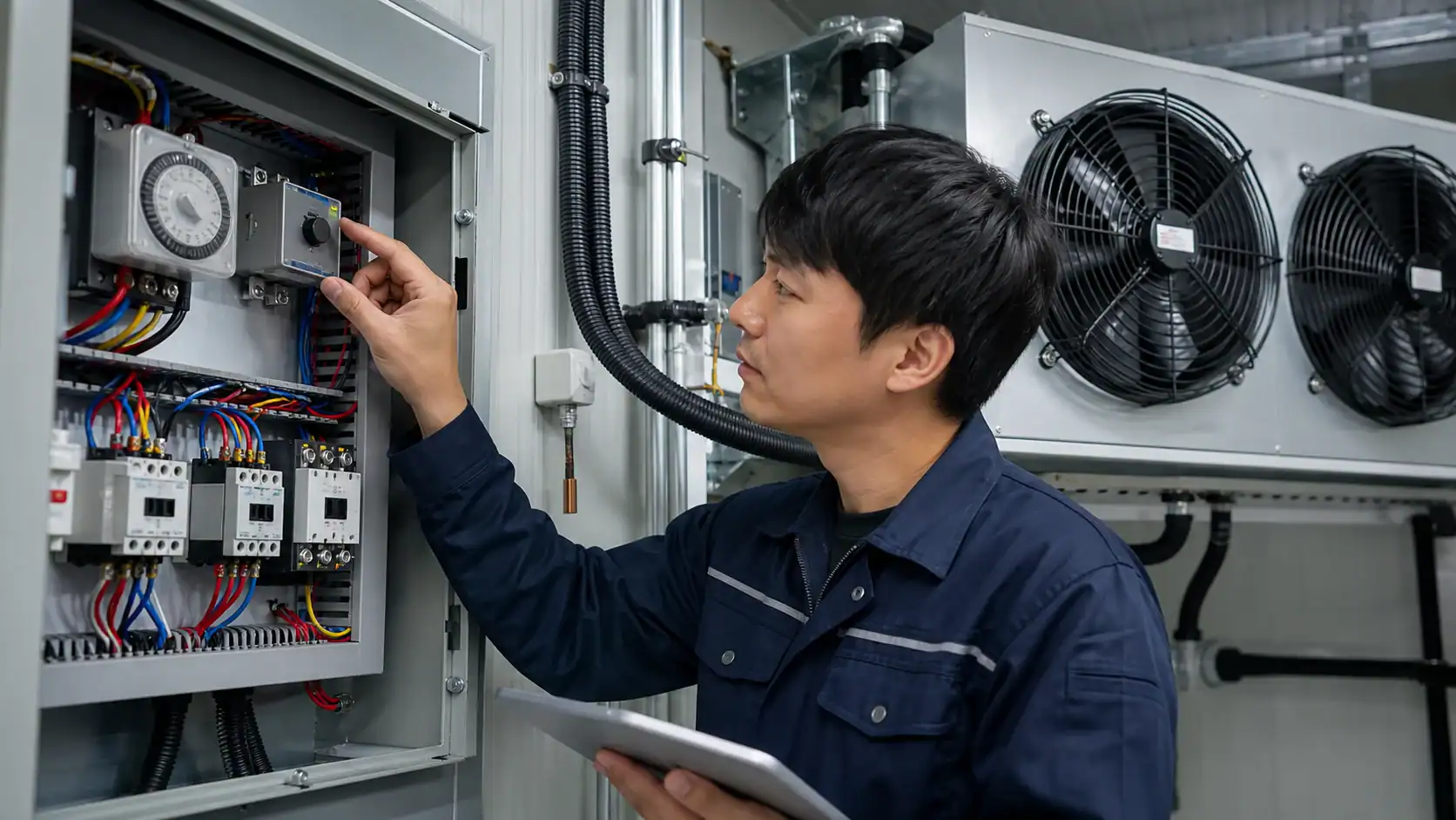 Technician inspecting electrical components in commercial refrigeration system.