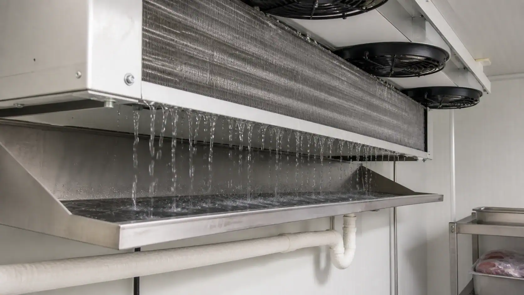 Commercial refrigeration system with water drainage for food storage.