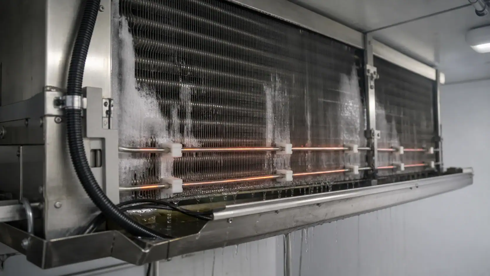 Commercial refrigeration unit with cooling coils and water spray system.