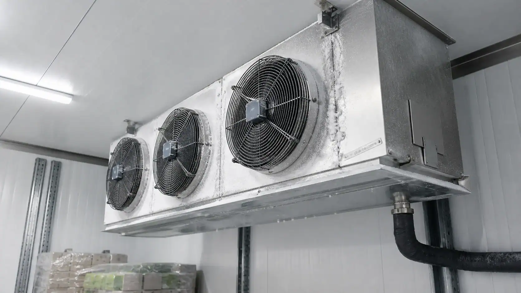 Large industrial HVAC cooling unit with three fans at Domi Refrigeration facility.