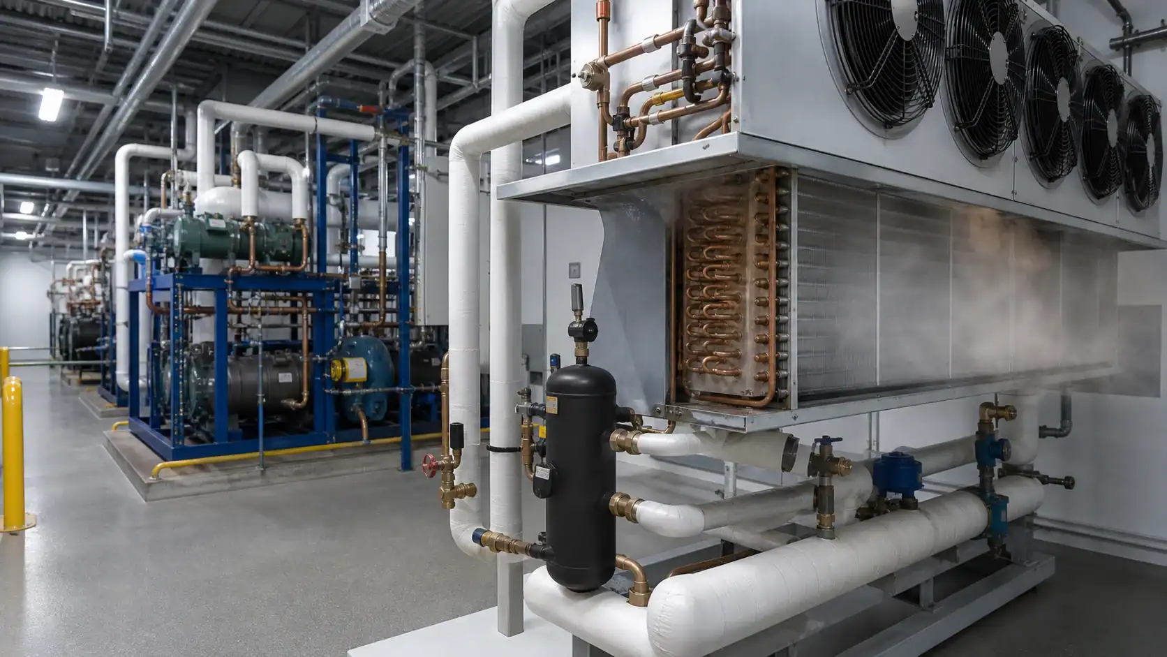 Industrial refrigeration equipment with pipes and cooling units at Domi Refrigeration.