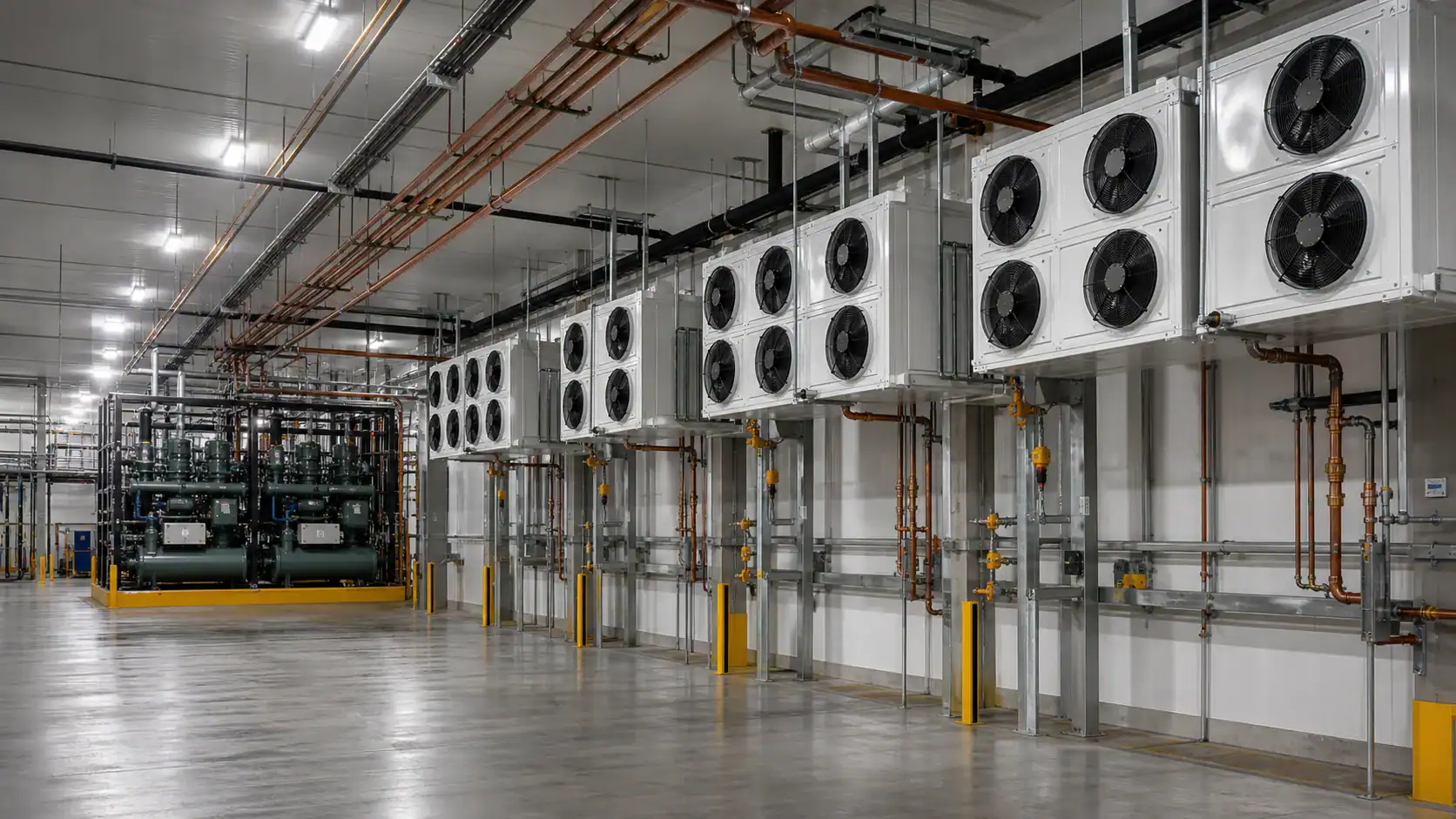 Industrial HVAC units and piping system in commercial refrigeration facility.