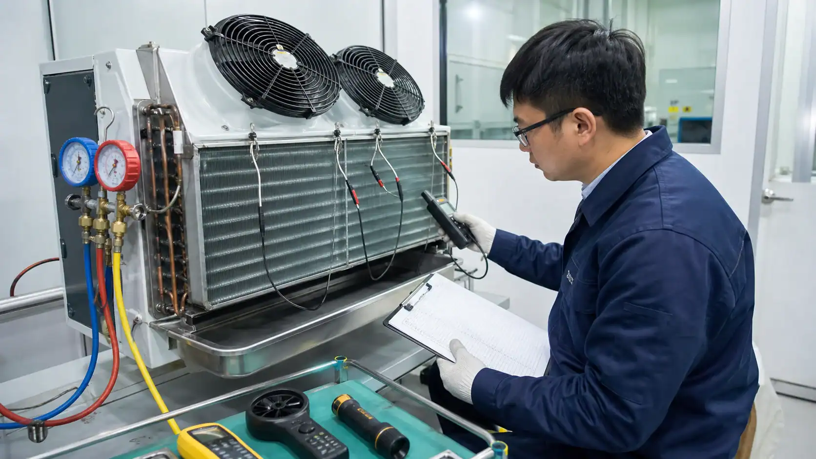 Refrigeration technician testing and inspecting cooling system components.
