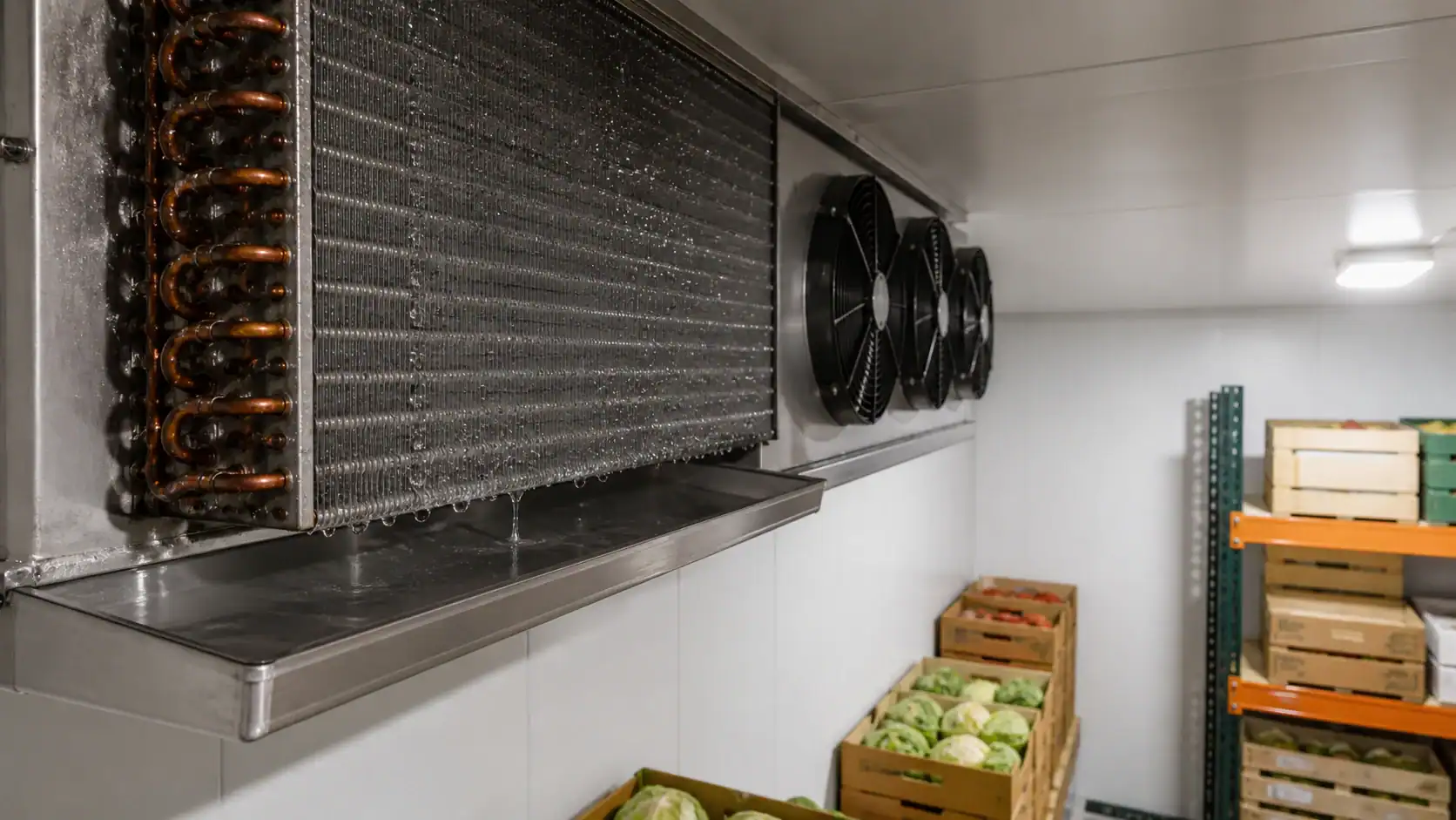 Industrial refrigeration system with cooling coils and fans at Domi Refrigeration.