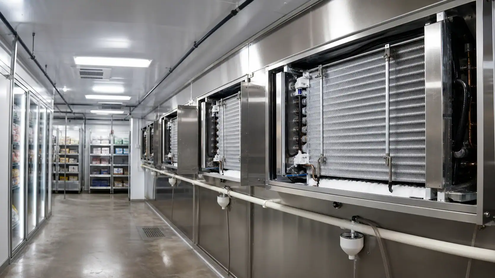 Industrial refrigeration units in a commercial kitchen or storage facility.