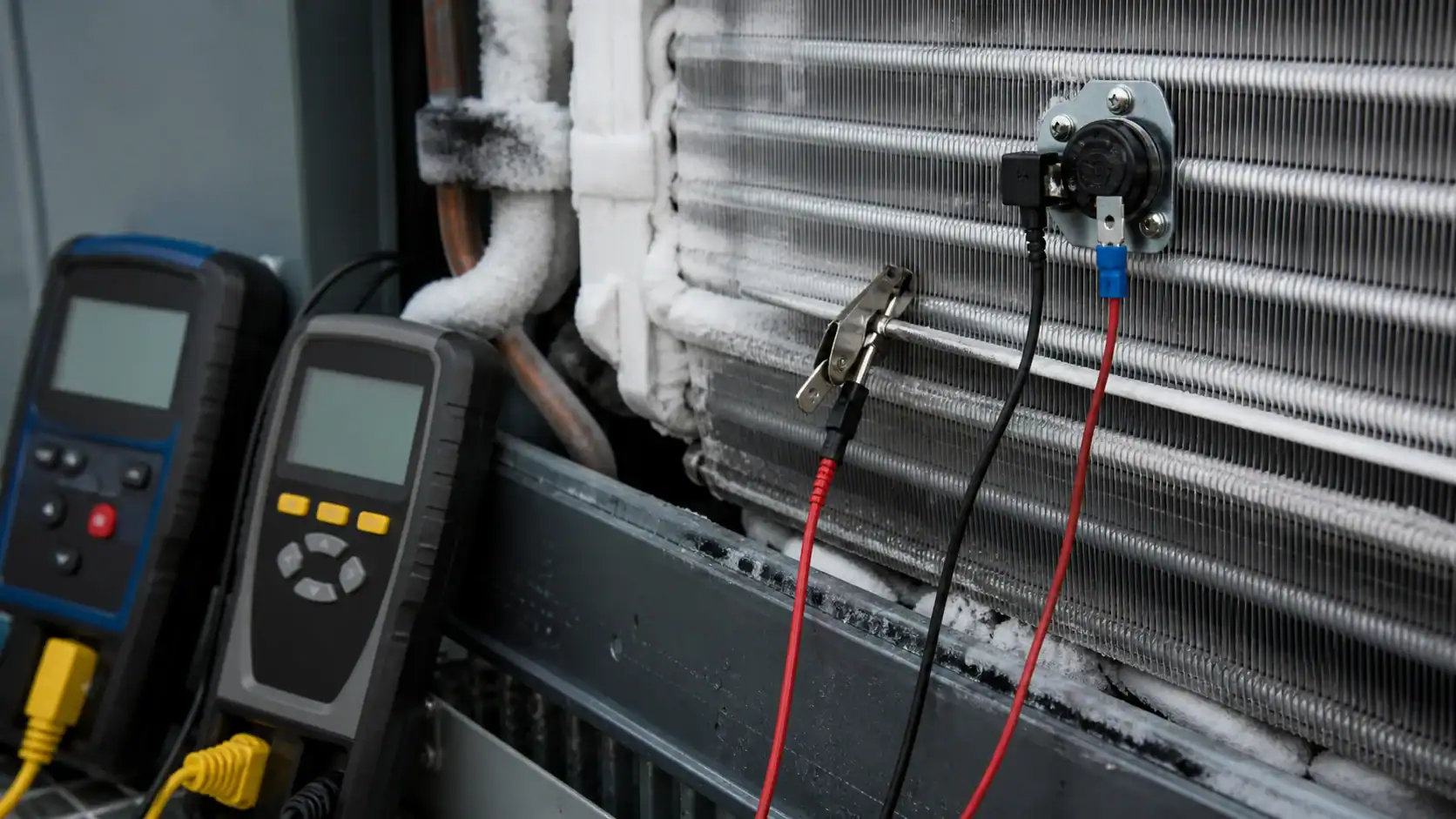 Close-up of refrigeration cooling system with diagnostic tools and frost buildup.