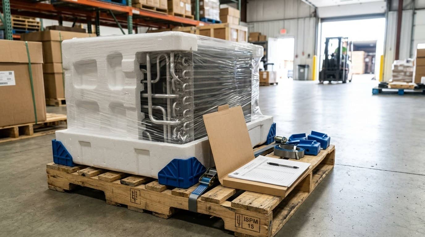 Large commercial refrigeration unit on pallet in warehouse setting.