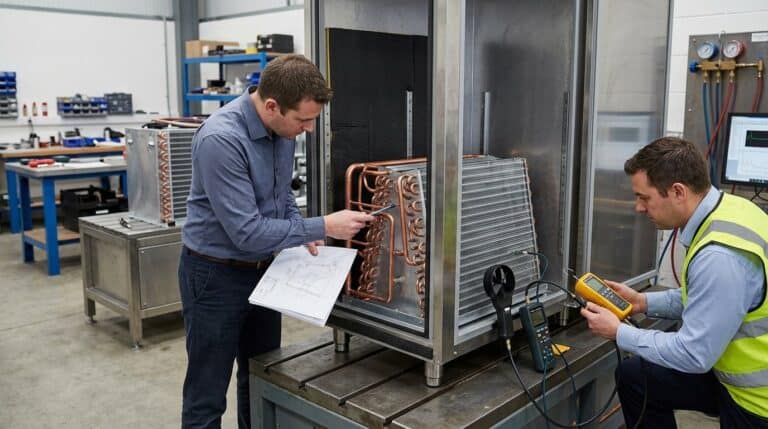 Technicians inspecting refrigeration system components at Domi Refrigeration.