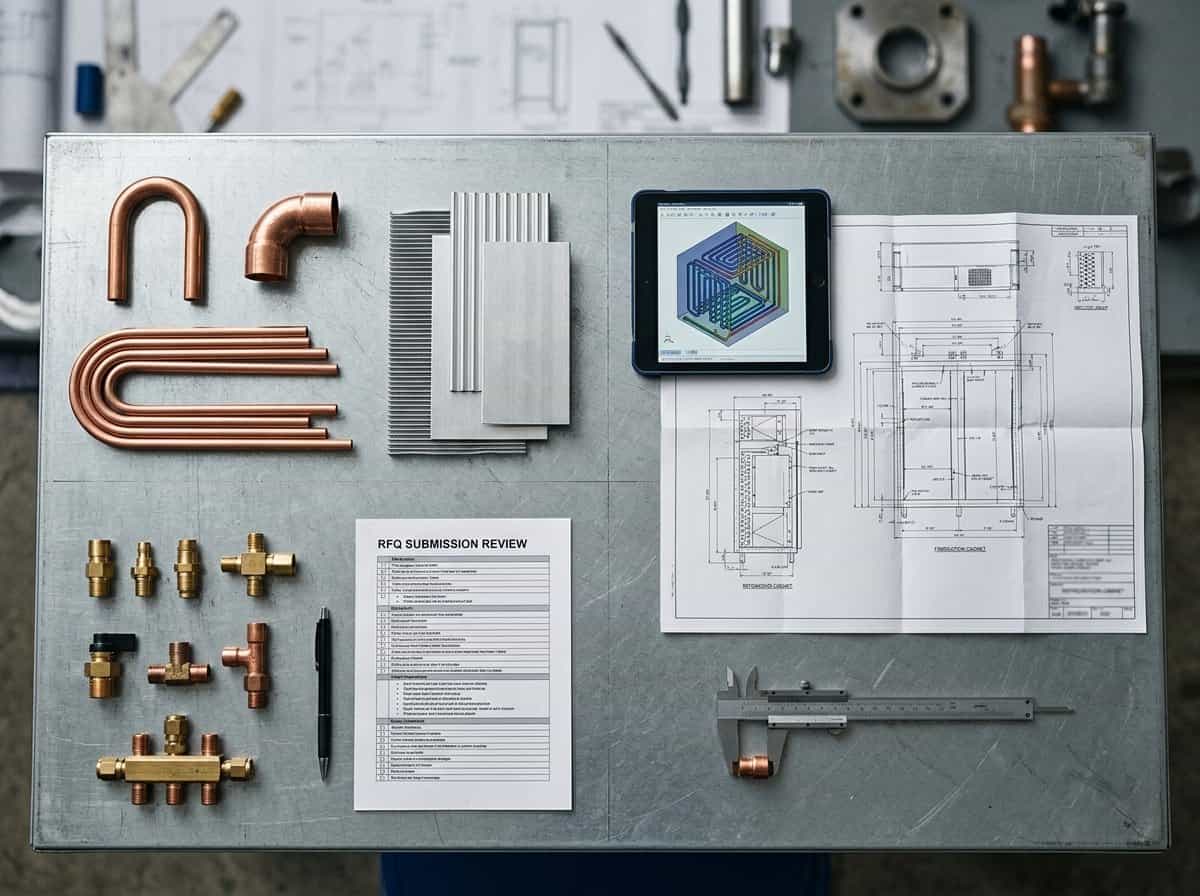 Refrigeration engineering components and technical drawings on workbench.