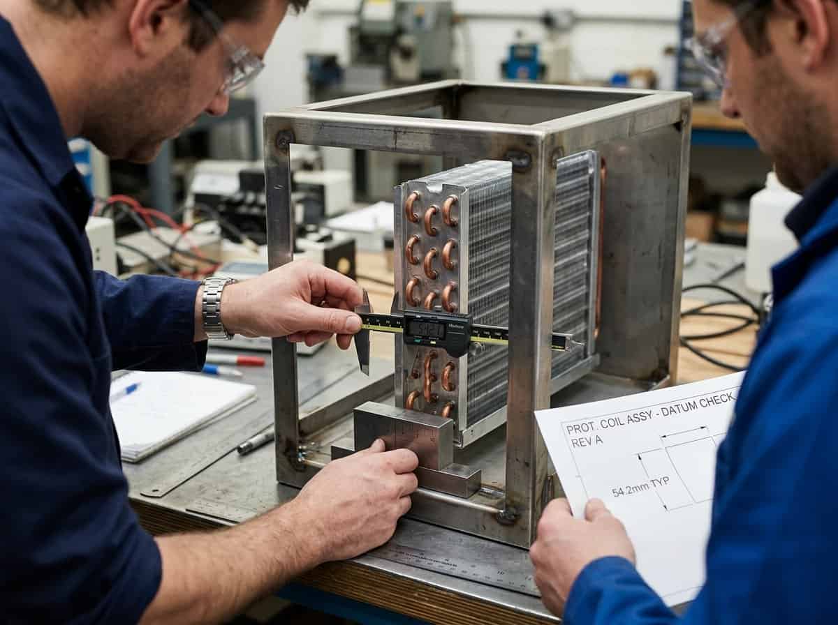Technicians testing industrial refrigeration unit with tools and equipment.