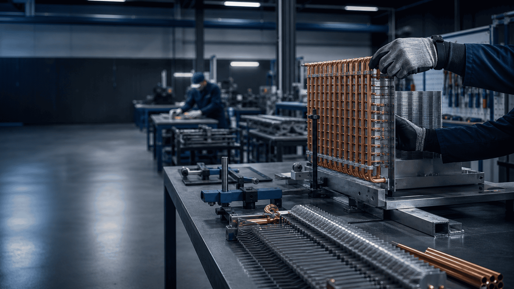 Technicians assembling industrial refrigeration units in a factory.