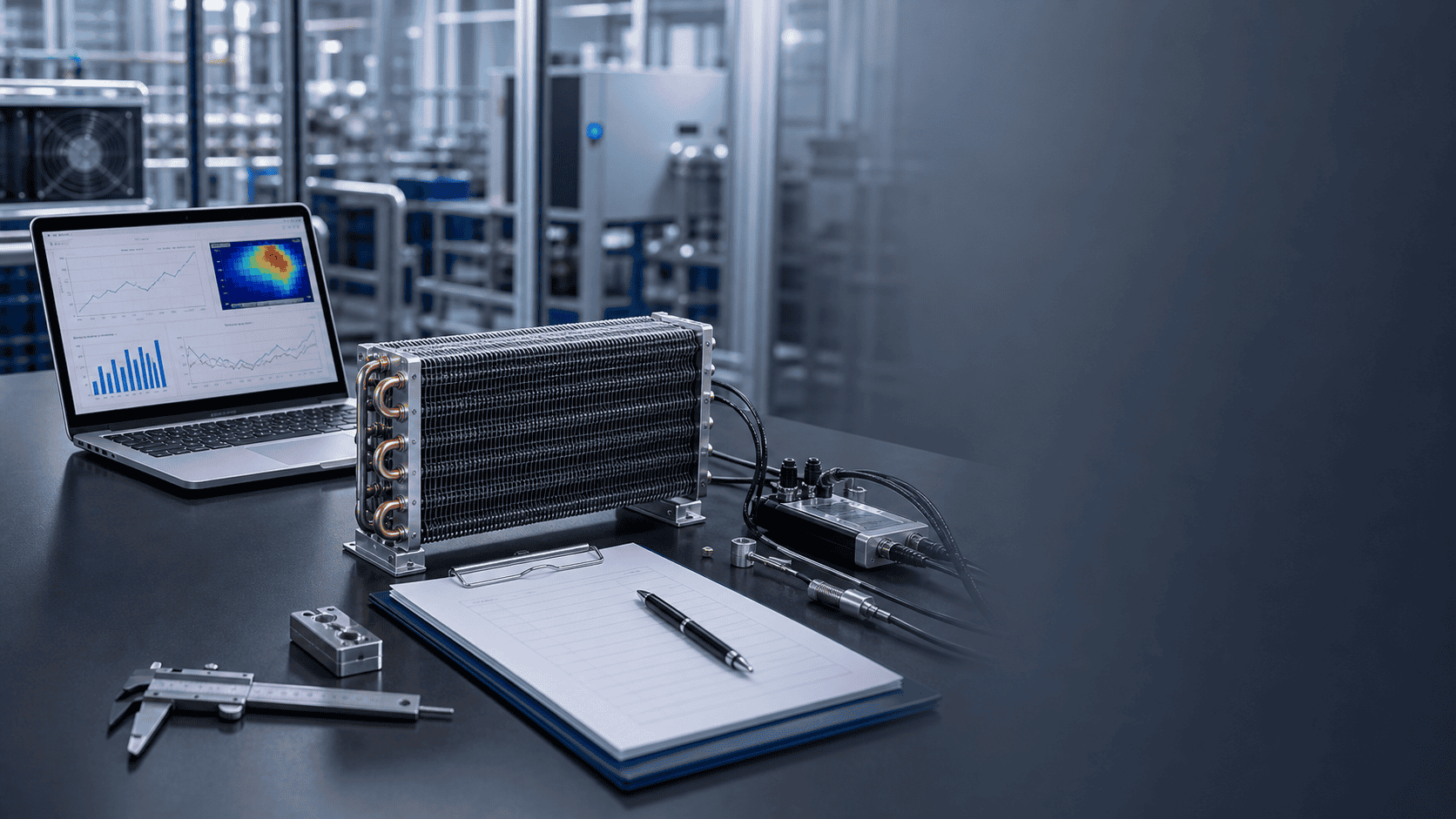 Industrial refrigeration system with control panel and tools in a modern facility.