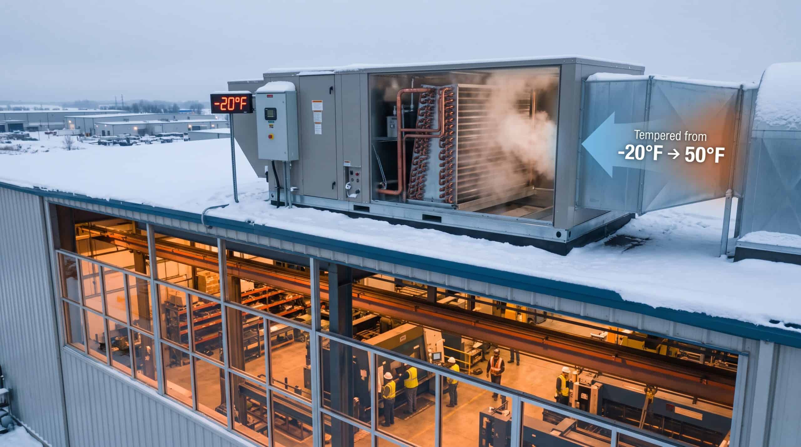 Large industrial refrigeration unit operating in cold, snowy outdoor setting.