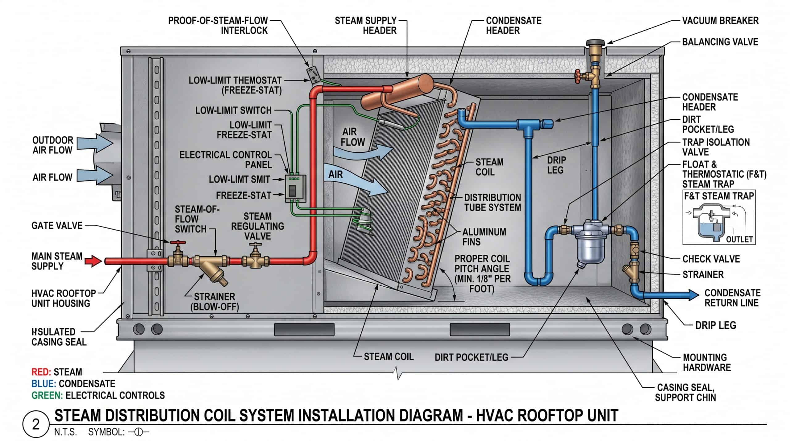 Detailed HVAC rooftop unit system diagram showing airflow and components.