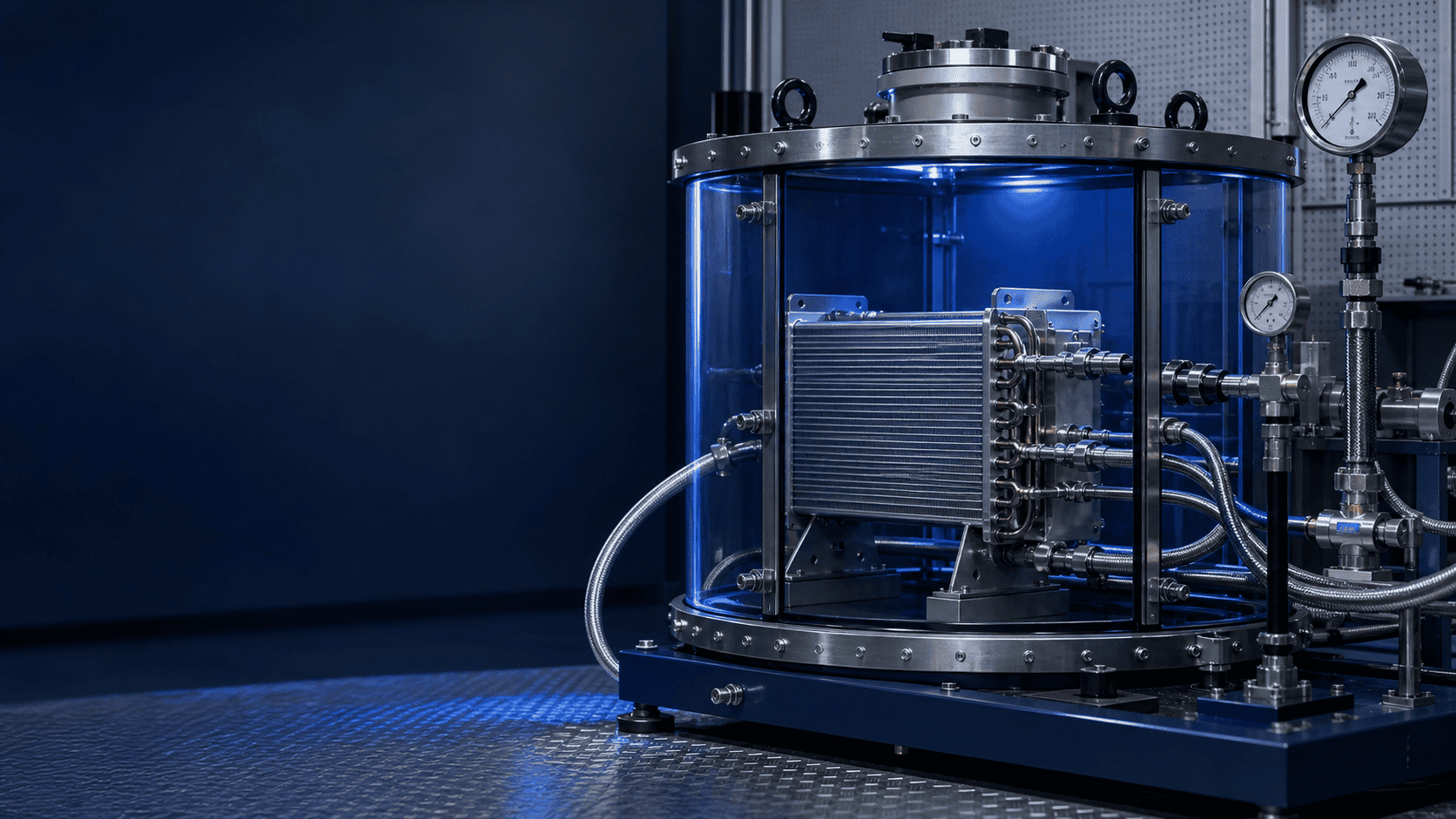 High-tech industrial refrigeration system with gauges and cooling components.