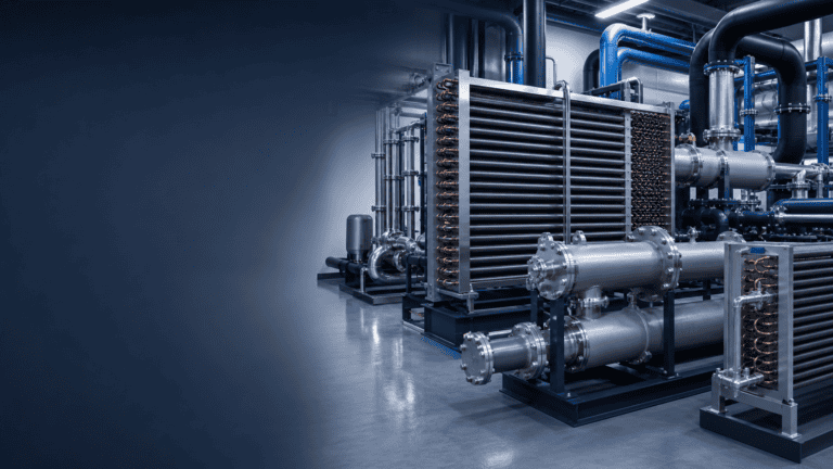Large industrial refrigeration units with pipes and cooling systems.