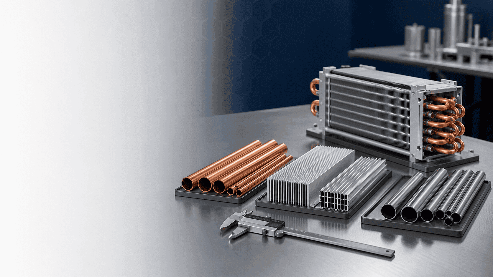 Industrial refrigeration components including heat exchangers and pipes.
