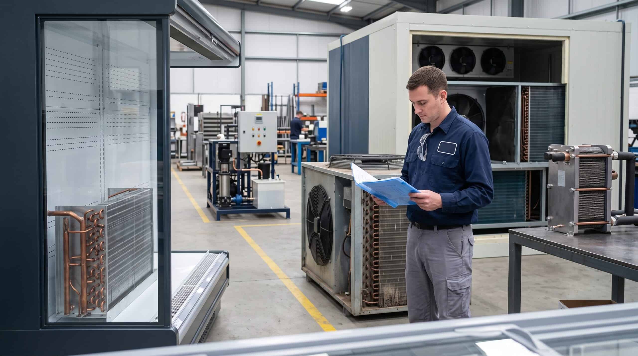 Refrigeration technician inspecting equipment in industrial facility.