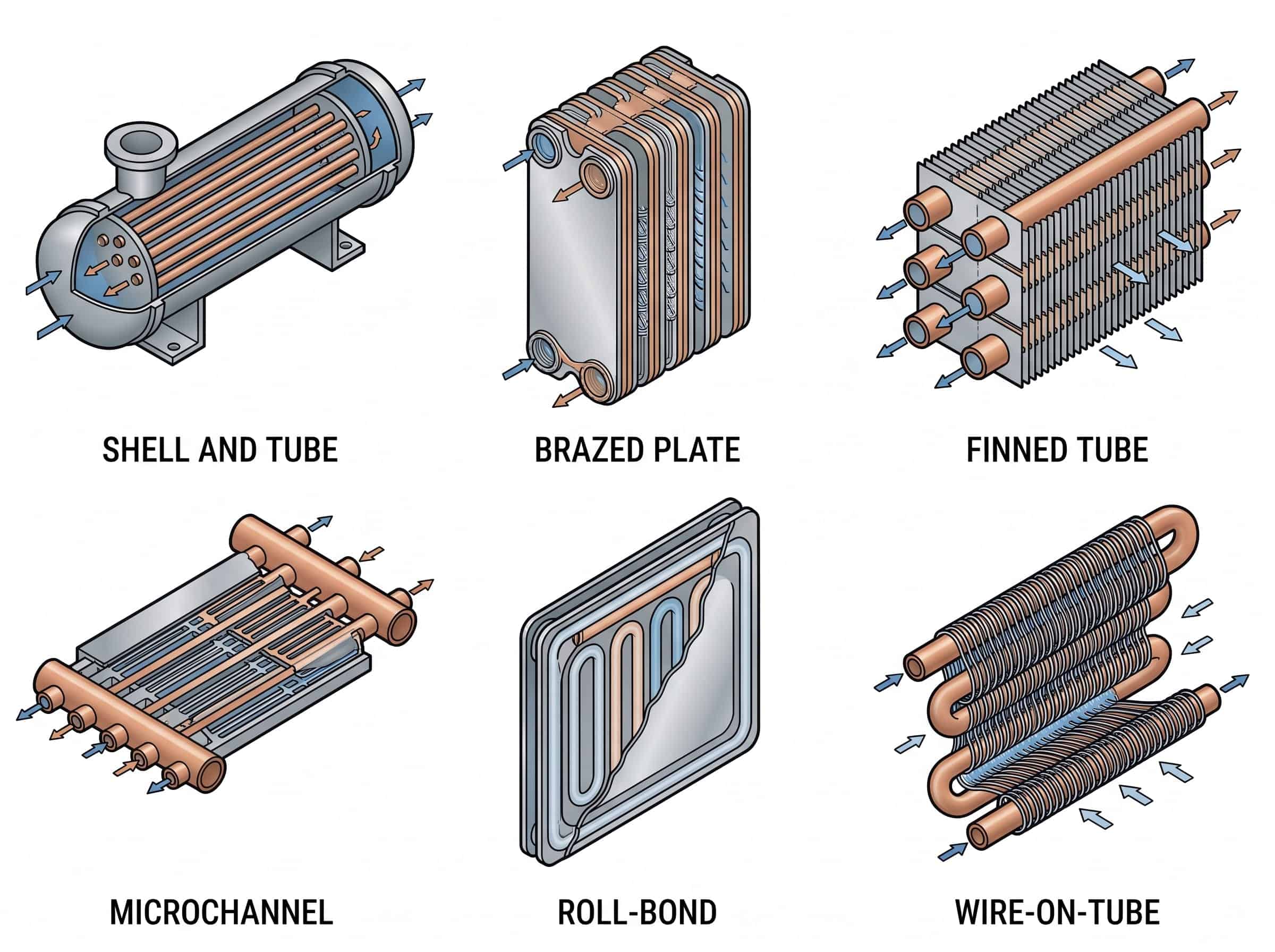 Illustration of various heat exchanger types used in refrigeration systems.