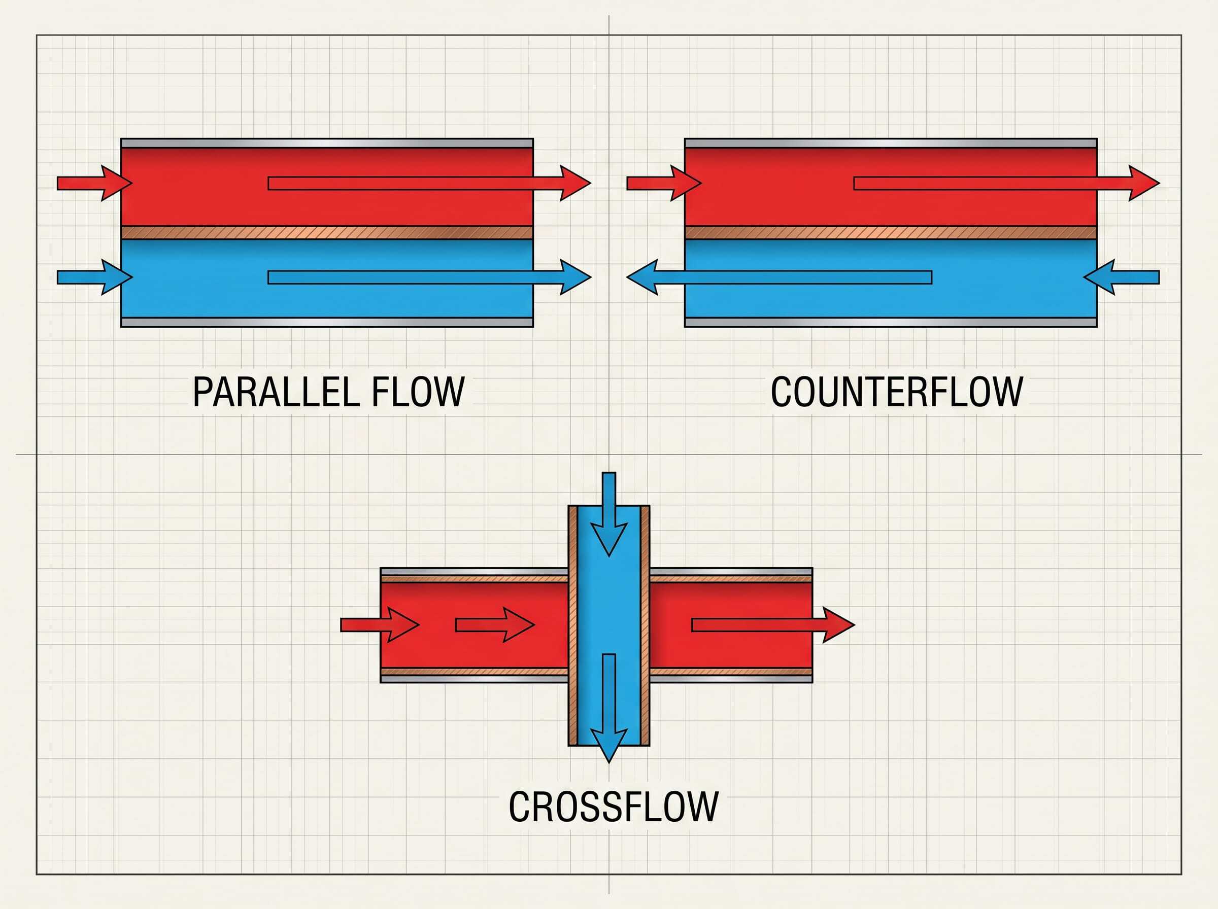 Diagram showing parallel, counterflow, and crossflow in refrigeration systems.