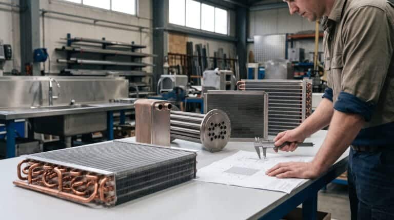 Technician inspecting industrial refrigeration components in a factory.