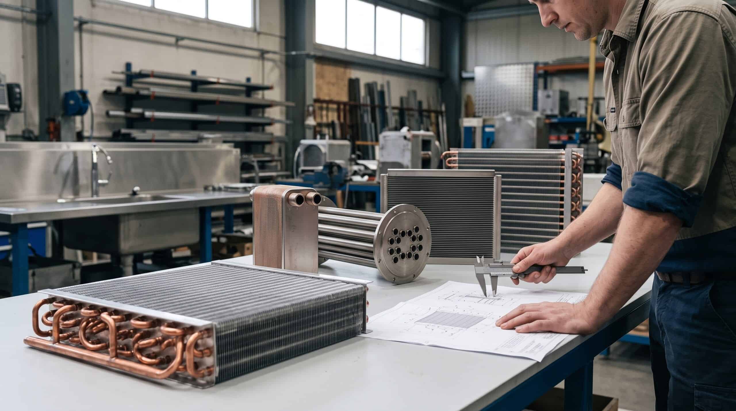 Copper and aluminum refrigeration heat exchanger coils arranged on an engineering worktable