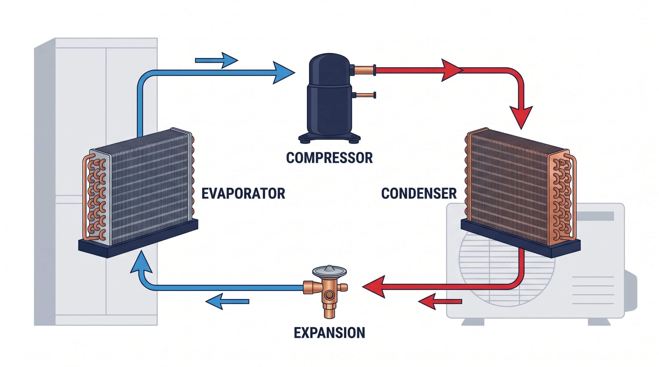 Diagram showing refrigeration cycle with compressor, condenser, expansion valve, and evaporator.