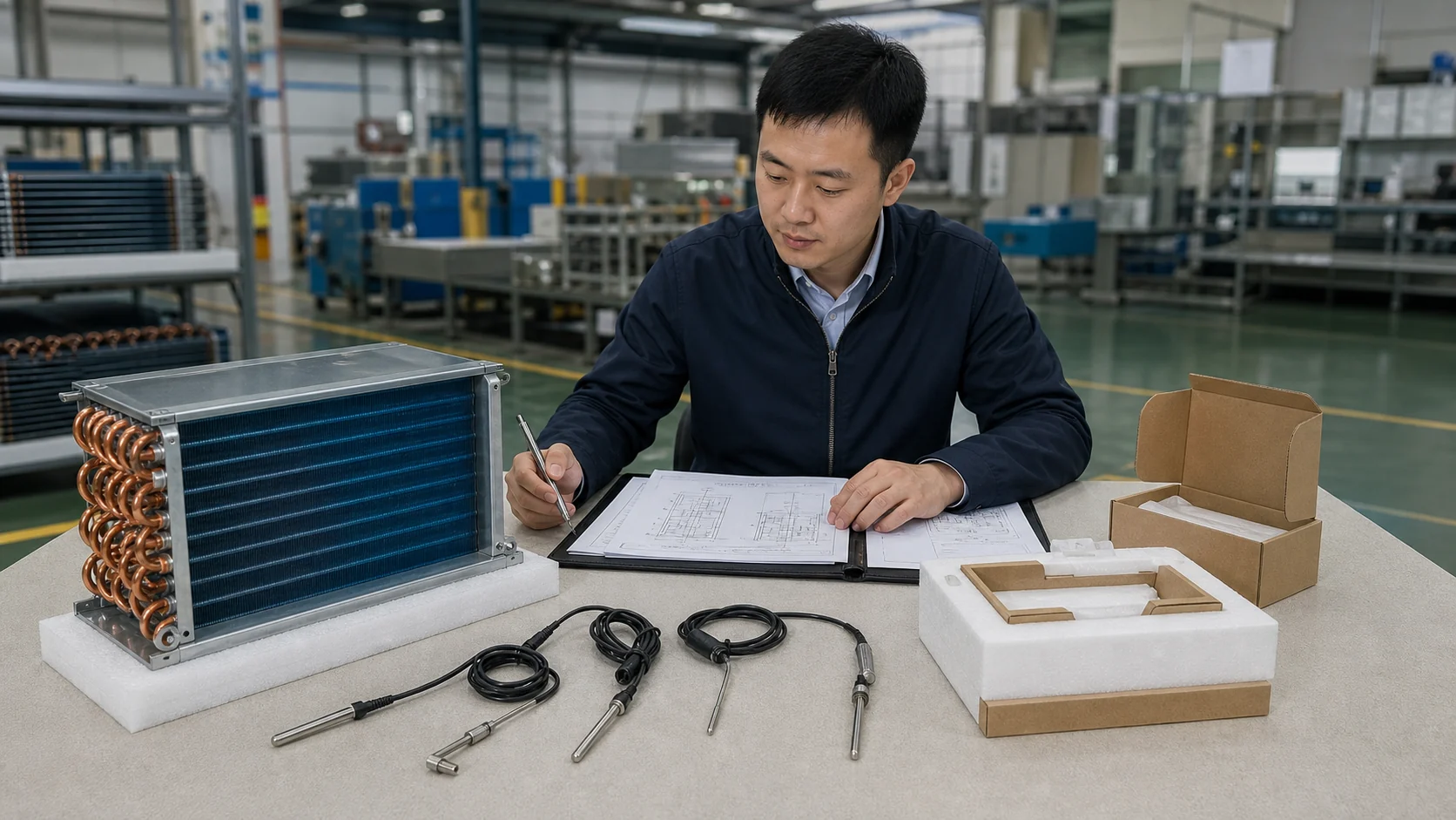 Asian buyer preparing an evaporator coil sample and technical checklist