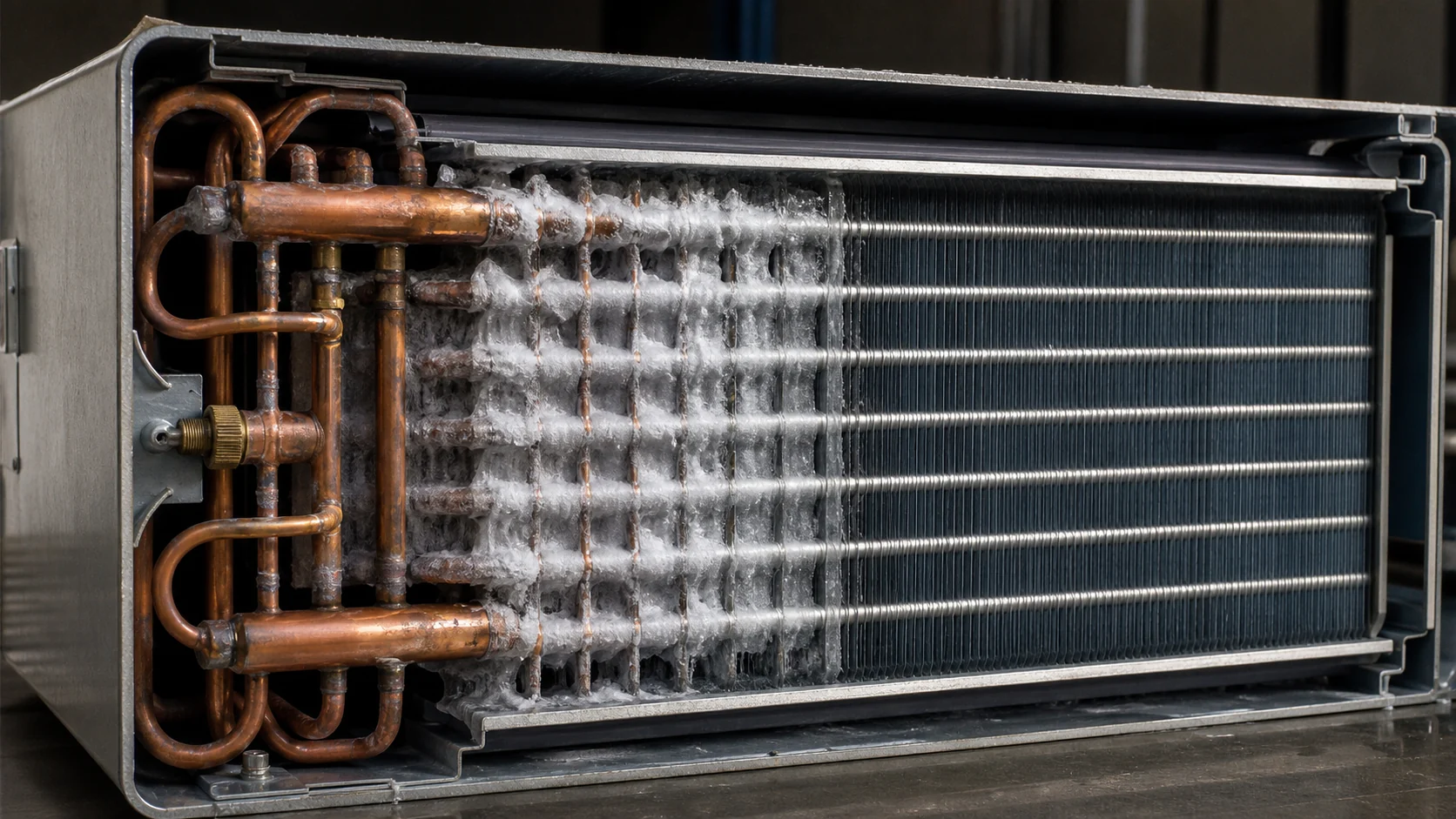Cutaway custom evaporator coil circuiting with headers and local frost