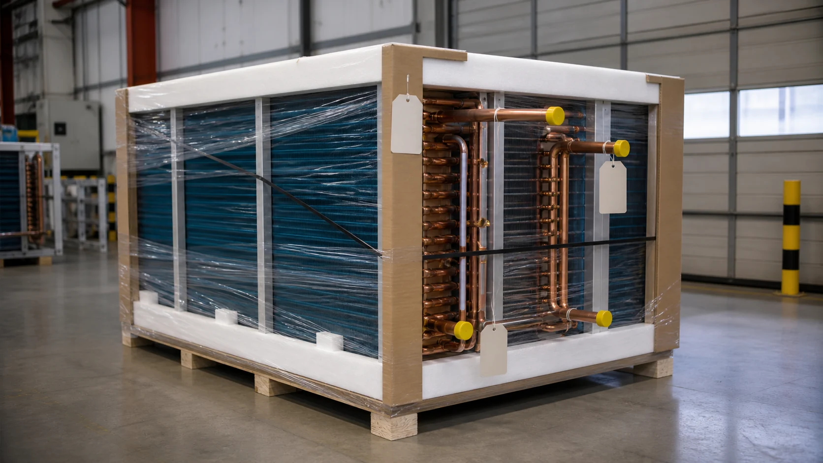 Finished custom evaporator coils in protective export packaging