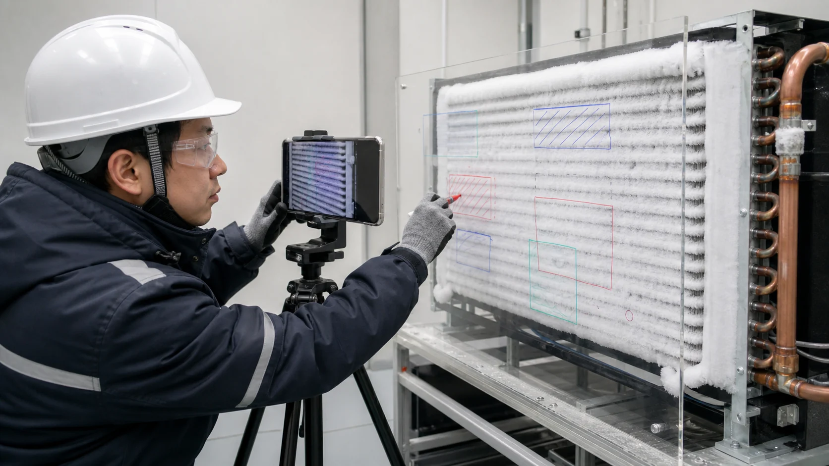 Asian refrigeration engineer mapping frost zones on an evaporator coil