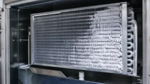 Uneven white frost across a custom evaporator coil face