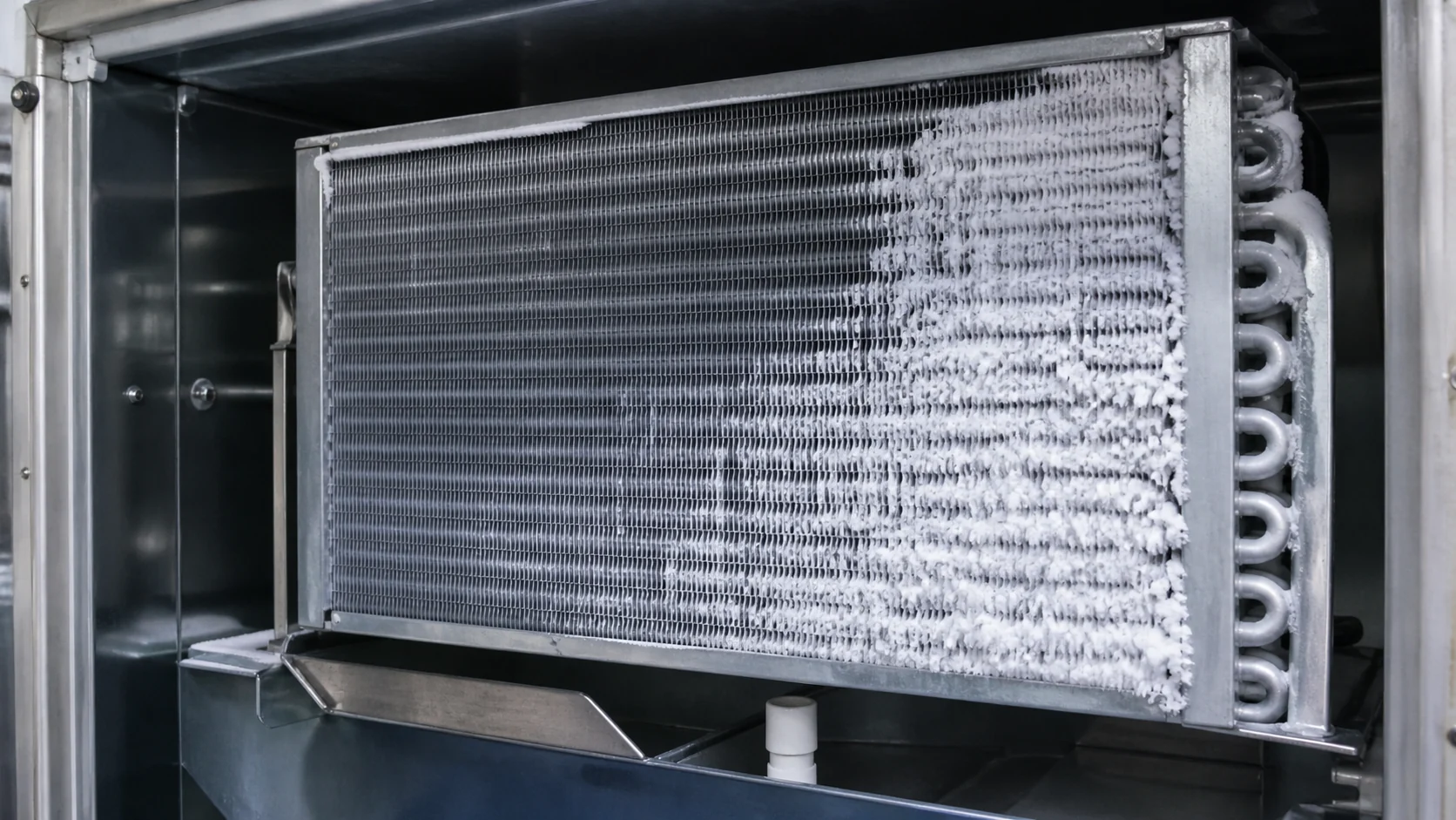 Uneven white frost across a custom evaporator coil face