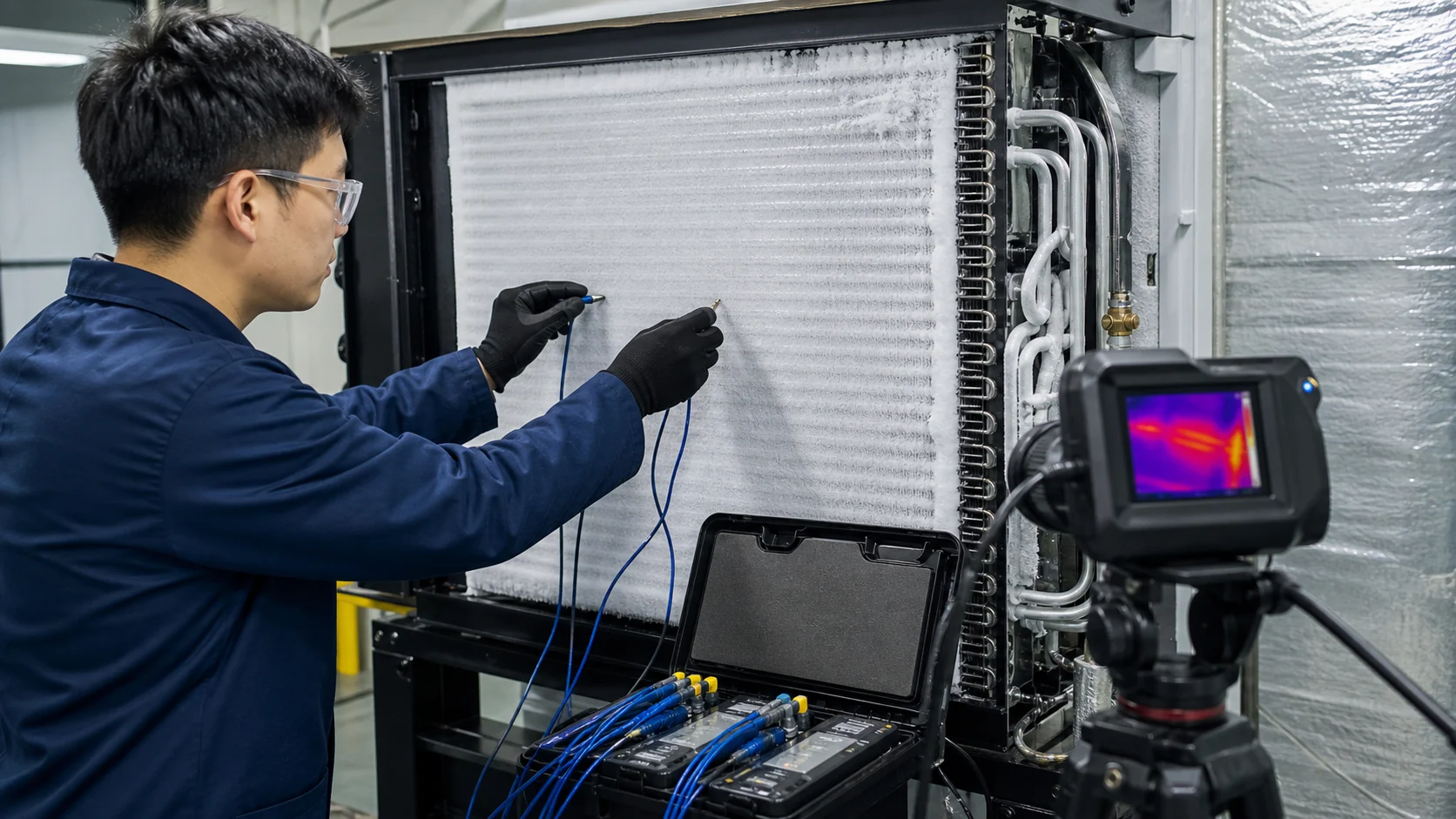 Asian technician recording evaporator coil temperatures and frost distribution