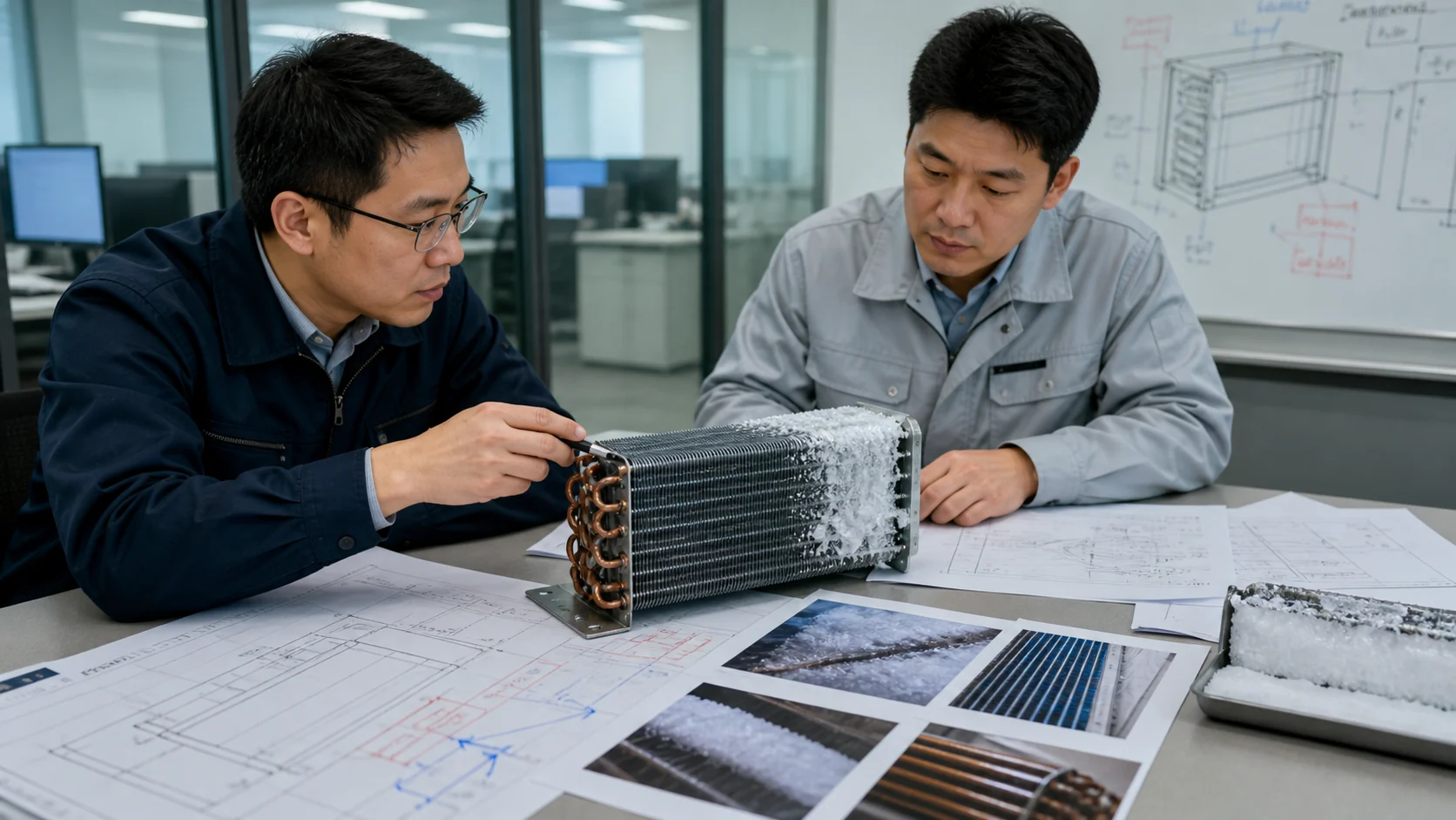 Asian procurement and mechanical engineers reviewing an evaporator coil RFQ sample