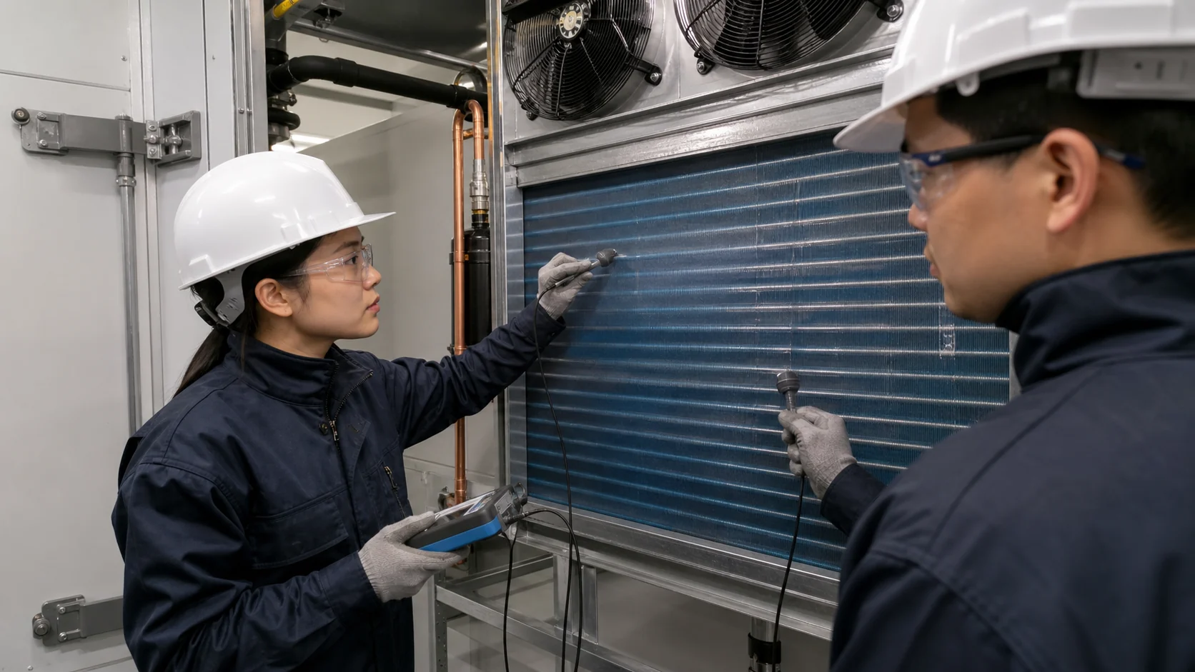 Asian engineers mapping face velocity across a refrigeration evaporator