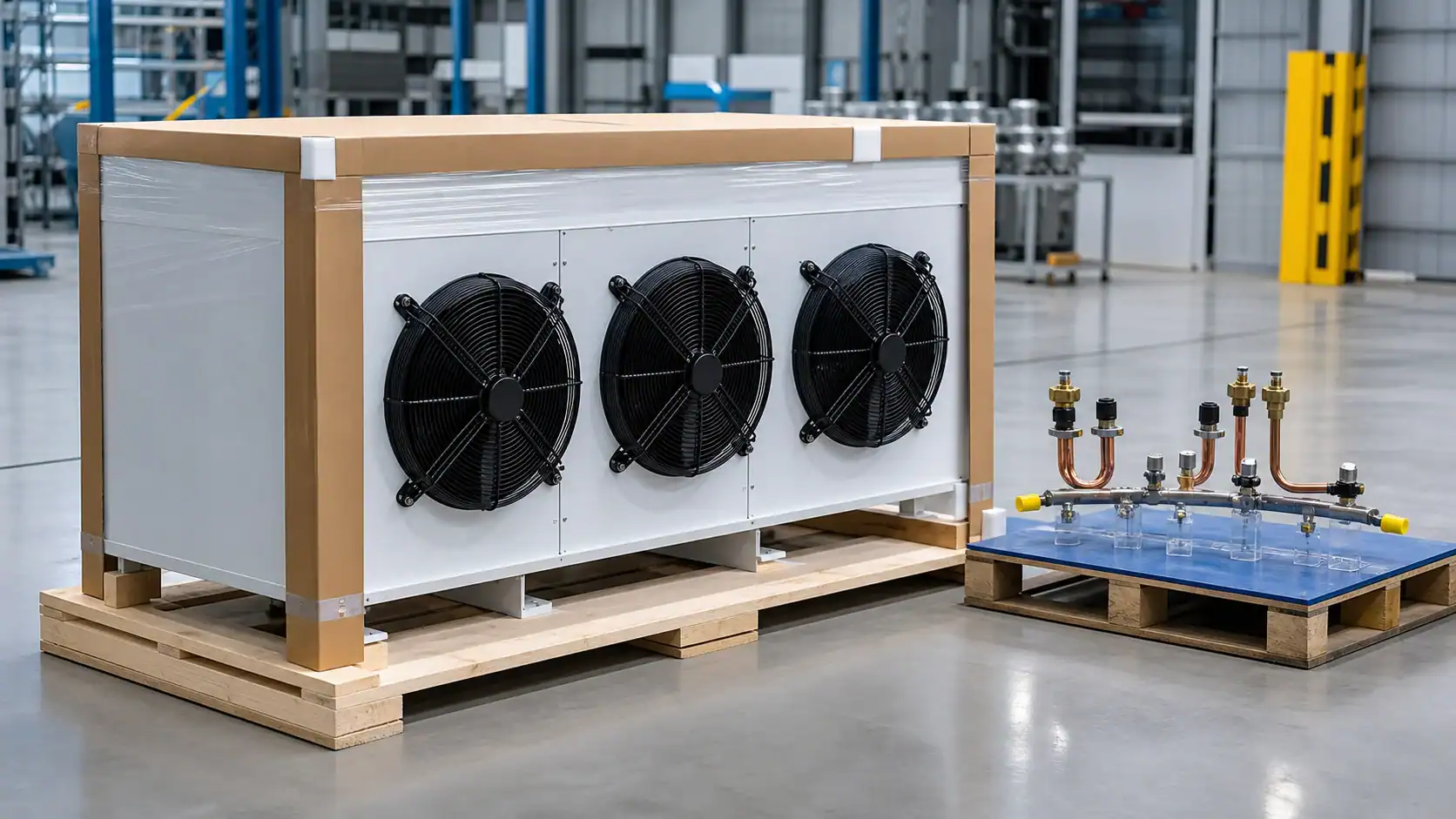 Large industrial refrigeration unit with three fans in a warehouse setting.