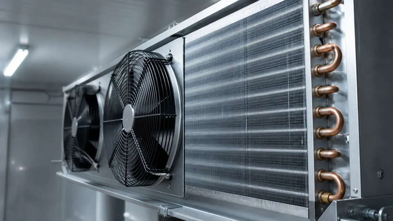 Industrial refrigeration unit with fans and cooling coils for commercial use.